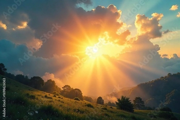 Fototapeta Golden sunlight streams through gaps in fluffy clouds, illuminating a vibrant landscape below  A breathtaking display of nature's radiant energy ,  picturesque,  sunlit,  energy source