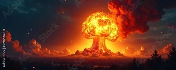 Fototapeta Spectacular fiery fireball explosion with intense heat and vibrant orange, yellow, and red hues against a dark night sky Perfect for fantasy, sci-fi, or disaster themes , powerful, heat, combustion