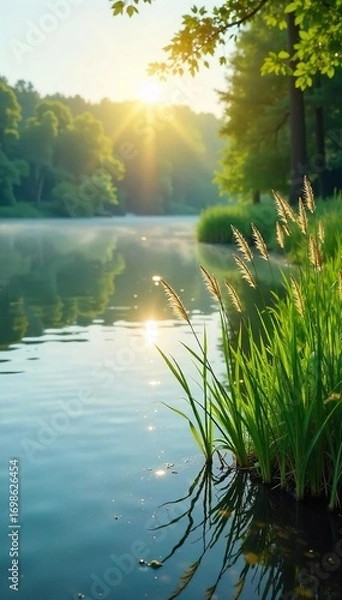Fototapeta Serene lakeside scene with gently swaying reeds, sunlight dappling the calm water, perfect for a peaceful escape and ultimate relaxation , rest, vacation