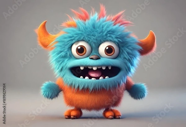 Fototapeta Playful Blue and Orange Fuzzy Monster with Cartoon Horns A cheerful blue and orange fluffy monster with small arms, big eyes, and orange horns, smiling brightly.