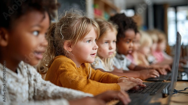 Fototapeta primary school classroom multiethnic kids using laptops learning technology together teacher guidance interactive digital education collaborative group learning environment