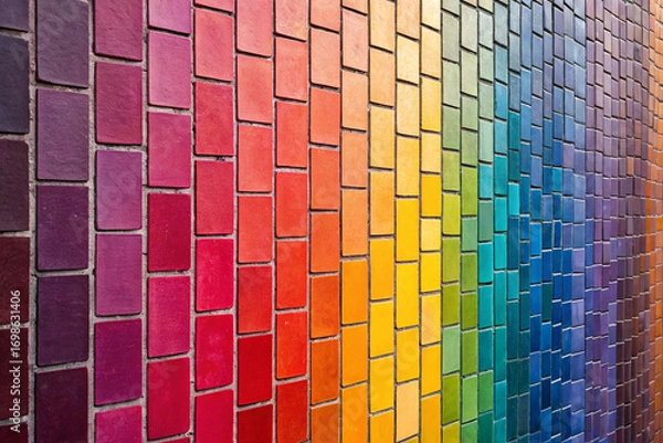 Fototapeta Rainbow Color Wall Made of Rectangular Tiles in a Grid Pattern image photo Birthday Background