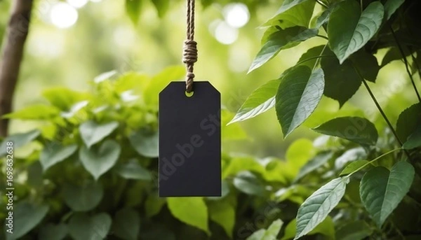 Fototapeta Blank black tag hanging on a jute string among green leaves.