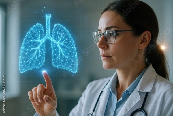 Fototapeta A Doctor's Focus: A healthcare professional examines a 3D-rendered lung model, symbolizing diagnostic and therapeutic progress.
