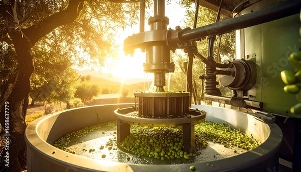 Obraz Olive oil extraction machine at sunset