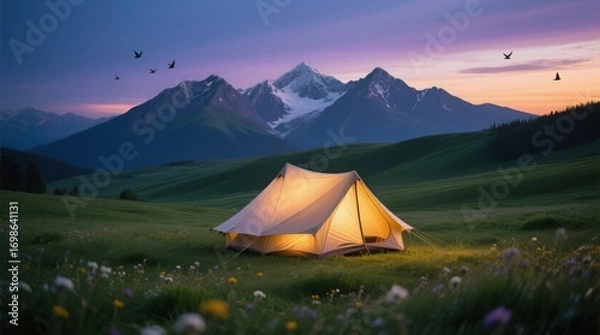 Obraz Illuminated Tent on Grassy Plain at Dusk with Mountain Range – Adventure Landscape Photography