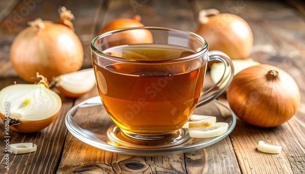 Obraz Onions and tea on a wooden table (1)