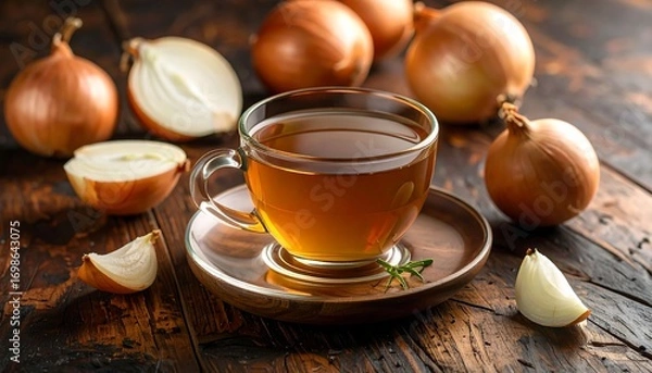 Obraz Onions and tea on a wooden table