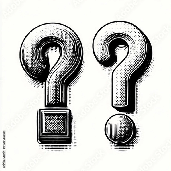 Fototapeta Two Question Marks, Engraving Style, Black and White, Representing Query and Uncertainty with copy space.