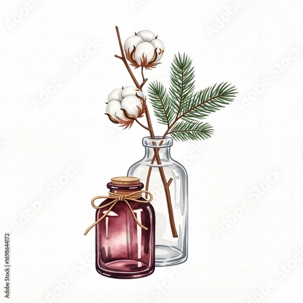 Fototapeta Cotton branches and fir in glass bottle isolated on white background