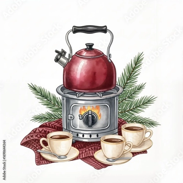 Fototapeta Red kettle on stove with cups and fir branches isolated on white background