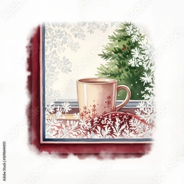 Fototapeta Mug on winter windowsill with fir branches isolated on white background