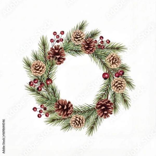 Fototapeta Christmas wreath with berries and pine cones isolated on white background