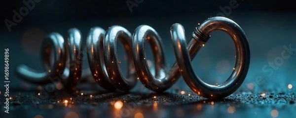 Fototapeta Close-up shot of a coiled spring, demonstrating the potential energy stored within its compressed form  The metallic gleam highlights the tension and readiness for release , strength, energy, form