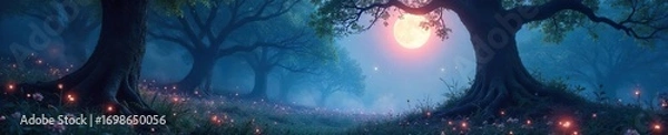 Fototapeta Enchanted forest bathed in ethereal moonlight, glowing flora, mystical fog swirling around ancient trees, creating a dreamlike, magical atmosphere perfect for fantasy projects , whimsical, rays