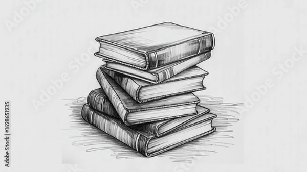Fototapeta A black and white pencil sketch of a stack of books leaning to the right
