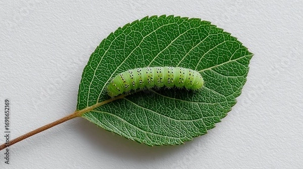 Fototapeta Green caterpillar on a leaf isolated on plain background