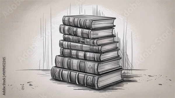 Fototapeta A black and white pencil sketch of a stack of books leaning to the right