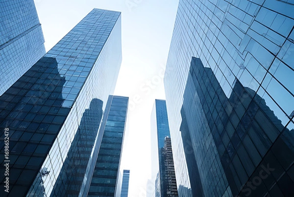 Fototapeta Low angle view of multiple tall glass skyscrapers with blue tinted windows reflecting the sky and other buildings