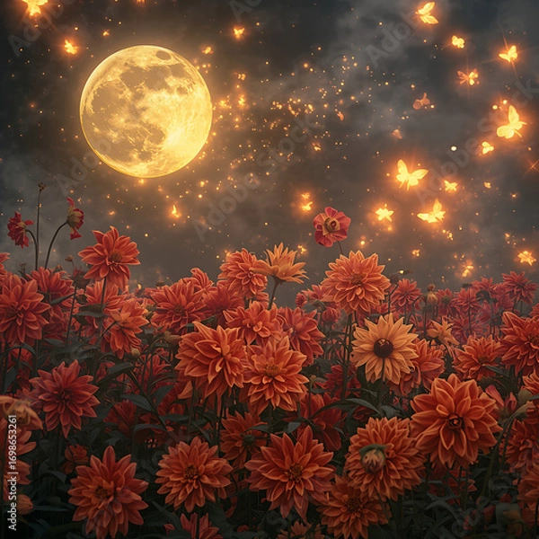 Fototapeta The image depicts a vibrant dahlia garden, filled with crimson and amber flowers, silver mist, sparkling lights, a golden moon, and luminous butterflies resembling stars.