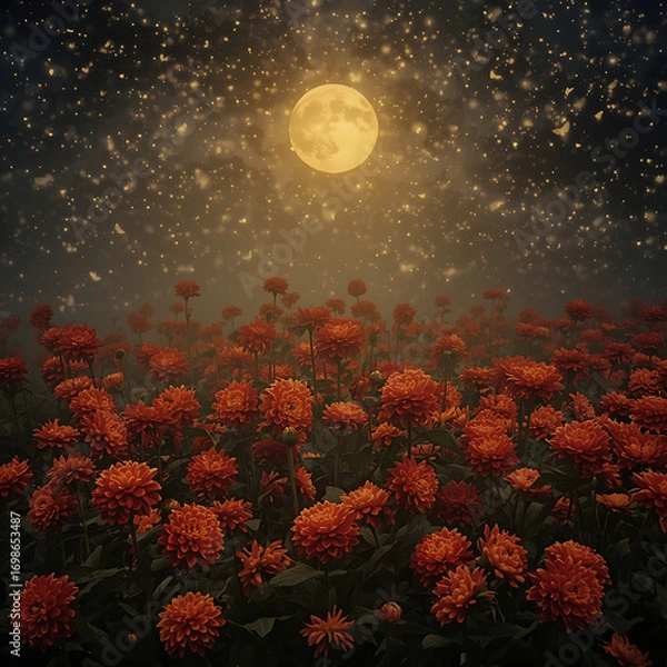 Fototapeta The image depicts a vibrant dahlia garden, filled with crimson and amber flowers, silver mist, sparkling lights, a golden moon, and luminous butterflies resembling stars.