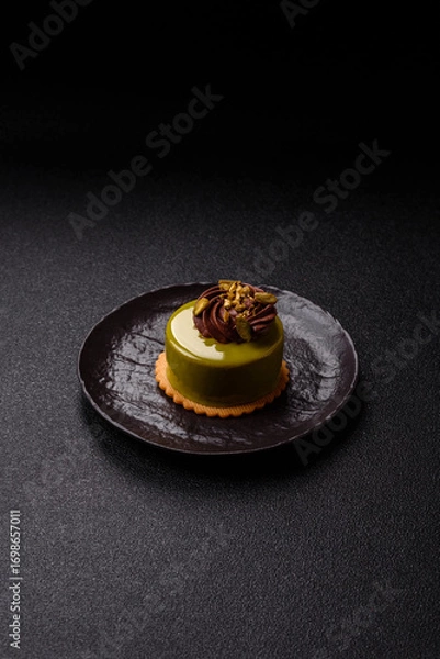 Fototapeta Pistachio cake or tart topped with green mousse with nuts and fruit filling. Pistachio pie