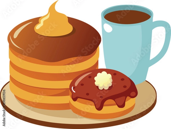 Fototapeta Delicious stack of pancakes with chocolate glaze and coffee mug vector illustration vector