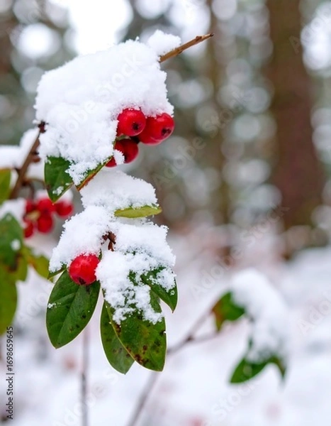 Obraz Red berries covered in snow on a wintry branch