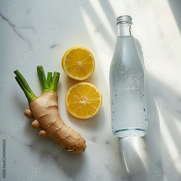 Fototapeta A minimalist food photography style features a flat lay of fresh ginger root, lemon, and sparkling water on a white marble surface, lit by natural daylight and a shallow depth of field to highlight th