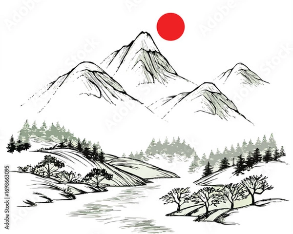 Obraz chinese simple landscape drawing line art eps