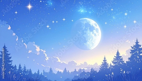 Fototapeta Serene starry night sky illustration over a forest with a full moon in a vibrant blue hue