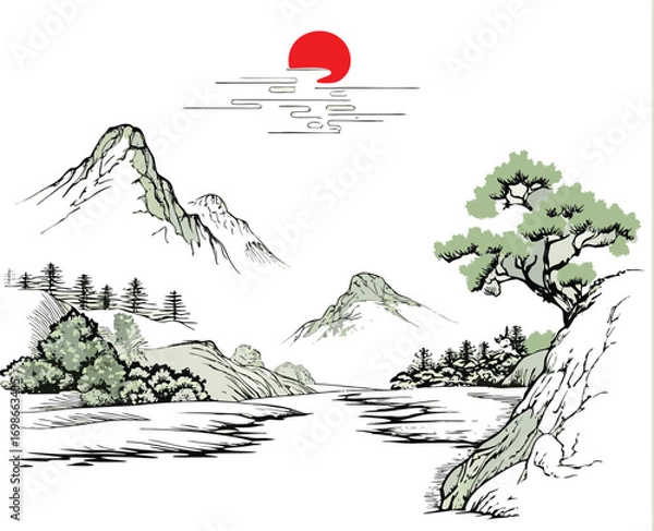 Obraz  chinese simple landscape drawing line art vector eps