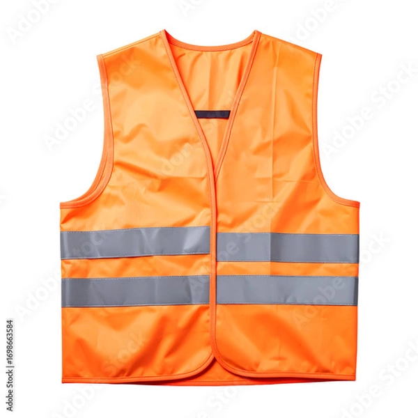 Obraz Bright orange high-visibility safety vest with reflective stripes, isolated on a transparent background