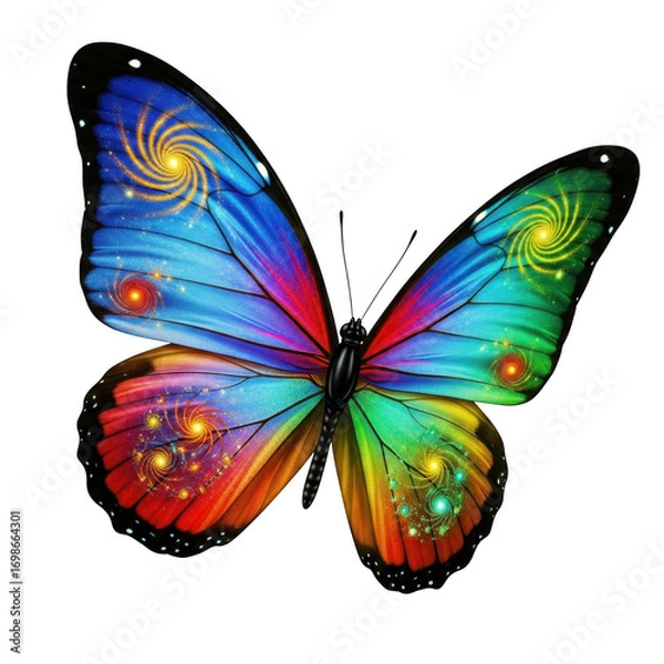 Fototapeta Vibrant rainbow butterfly with swirling galaxy patterns and glowing dots digital art transparent background