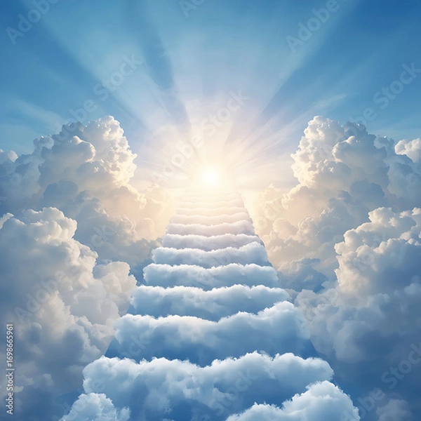 Fototapeta A surreal scene features a stairway adorned with clouds, symbolizing hope, ascension, and spiritual enlightenment. The heavenly atmosphere evokes feelings of peace, transcendence, and inspiration, as 