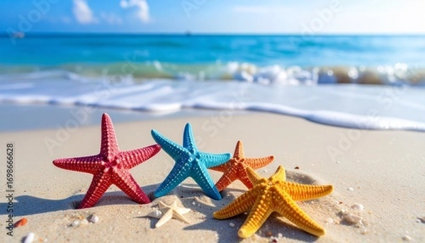 Fototapeta Vibrant Starfish on Sandy Shoreline against Ocean Backdrop Displaying Tropical Bliss