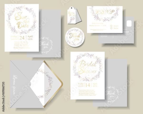 Fototapeta Set of botanical leaves wreath wedding invitation card.Purple and pink color tone.Can be use Birthday card , Invitation card , Brochure. Modern Minimal style.Vector/Illustration