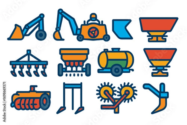 Fototapeta Vibrant Tractor Attachments. Flat vector icons of tractor attachments: front loader, backhoe, mower deck, plow blade, harrow, seed