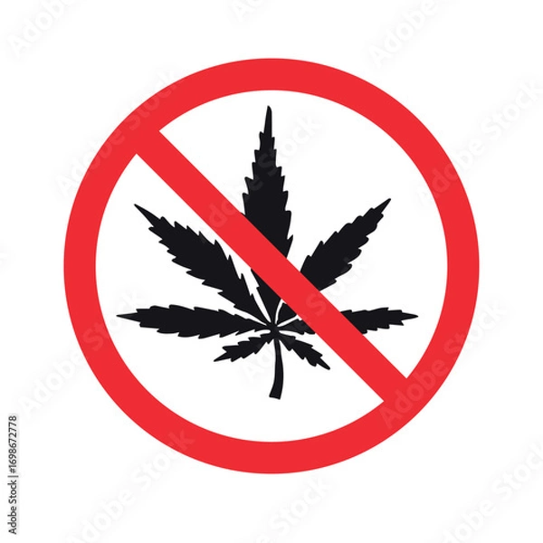 Obraz Vector hand drawn cannabis leaf silhouette crossed in red circle isolated on white background