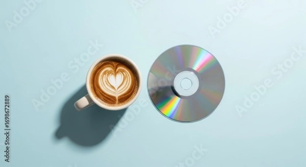 Fototapeta Latte art coffee mug and reflective cd on light blue surface