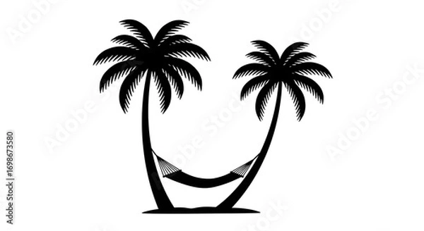 Fototapeta Tropical paradise silhouette with a relaxing hammock hanging between two palm trees.