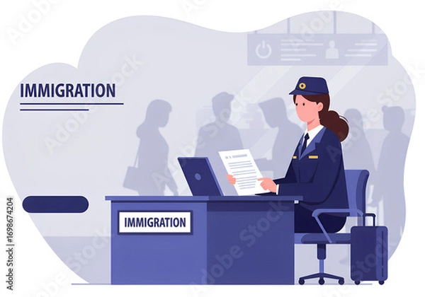 Fototapeta Immigration Officer Border Control Passport — Queue Management and Visa Screening