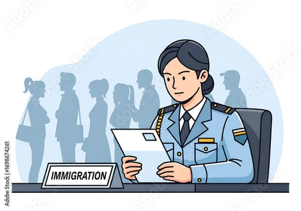 Fototapeta Immigration Officer Border Control Passport — Document Verification at Customs Desk