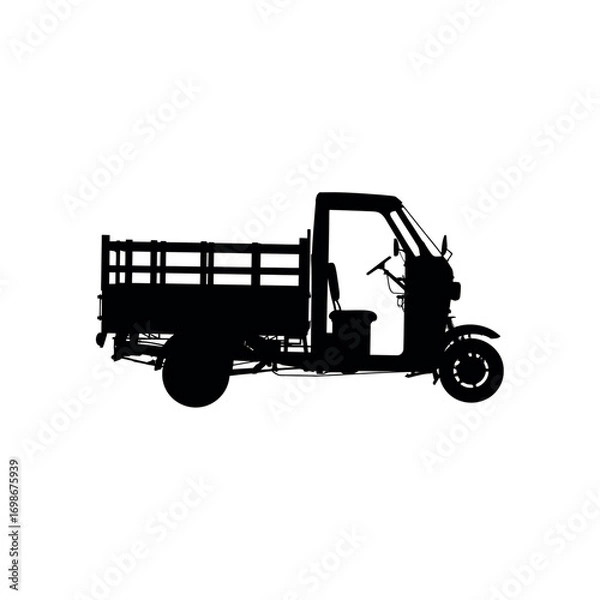 Obraz Black silhouette of a three-wheeled cargo auto rickshaw with wooden bed three wheeler cargo vehicle