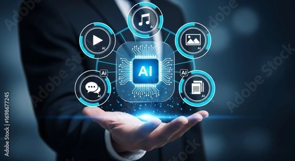 Fototapeta AI Chip Hologram with Five Multimodal Icons in Hand – Generative AI Concept