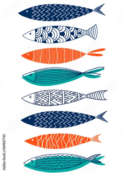 Fototapeta Pattern of fish in the style of doodle