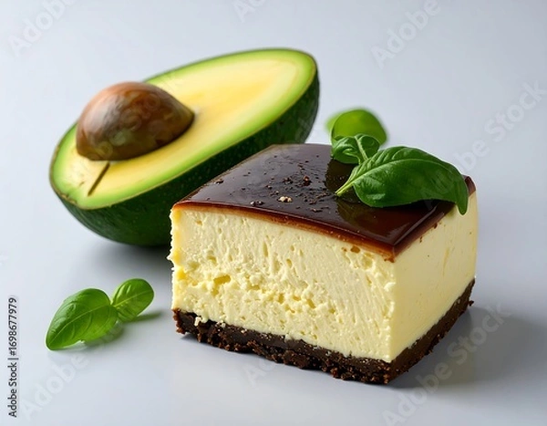Obraz Avocado-flavored cheesecake slice beside avocado half