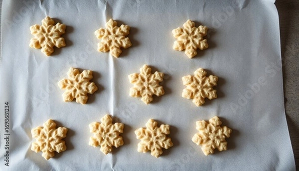 Fototapeta Baked snowflake-shaped cookies arranged on parchment paper  