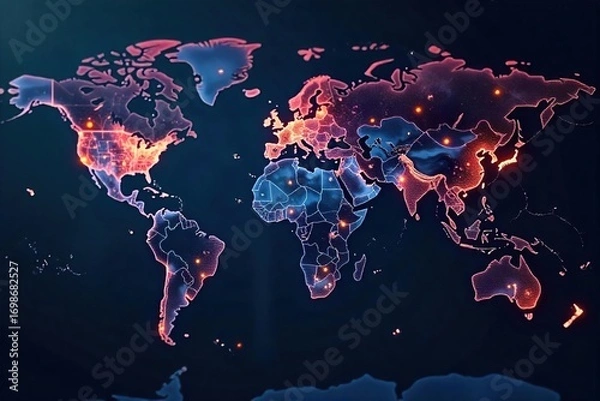 Fototapeta Global network, interconnected nodes representing international business, digital world map background Concept of worldwide cooperation and expansion in a digital age , international, future
