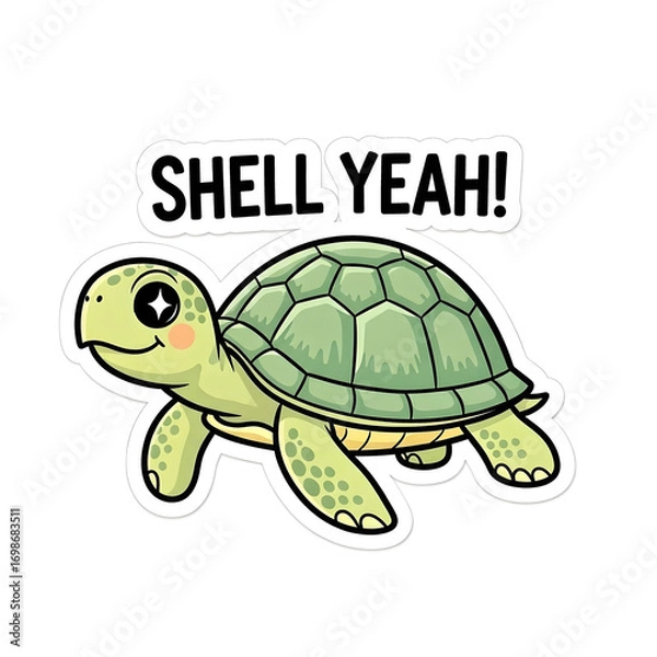 Fototapeta Vector art of cute turtle with shell yeah text, cartoon style